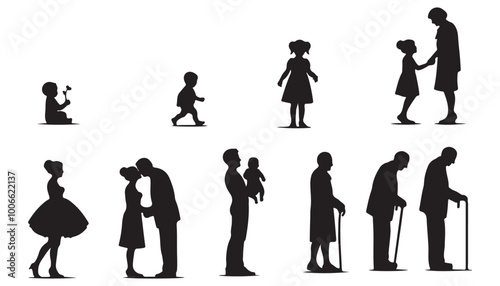 Life cycles of man and woman from a little baby to senior age vector illustration black and white art