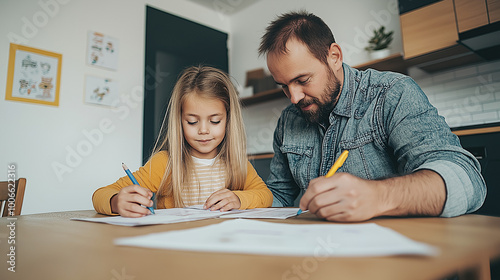 Father and daughter working on homework together at the kitchen table
 photo