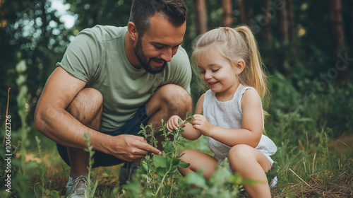 Father and daughter bonding while exploring plants in nature
 photo