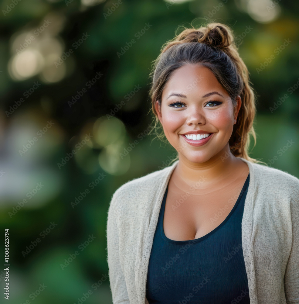 A cheerful young woman standing outdoors with a bright smile. A cheerful young woman standing outdoors with a bright smile.