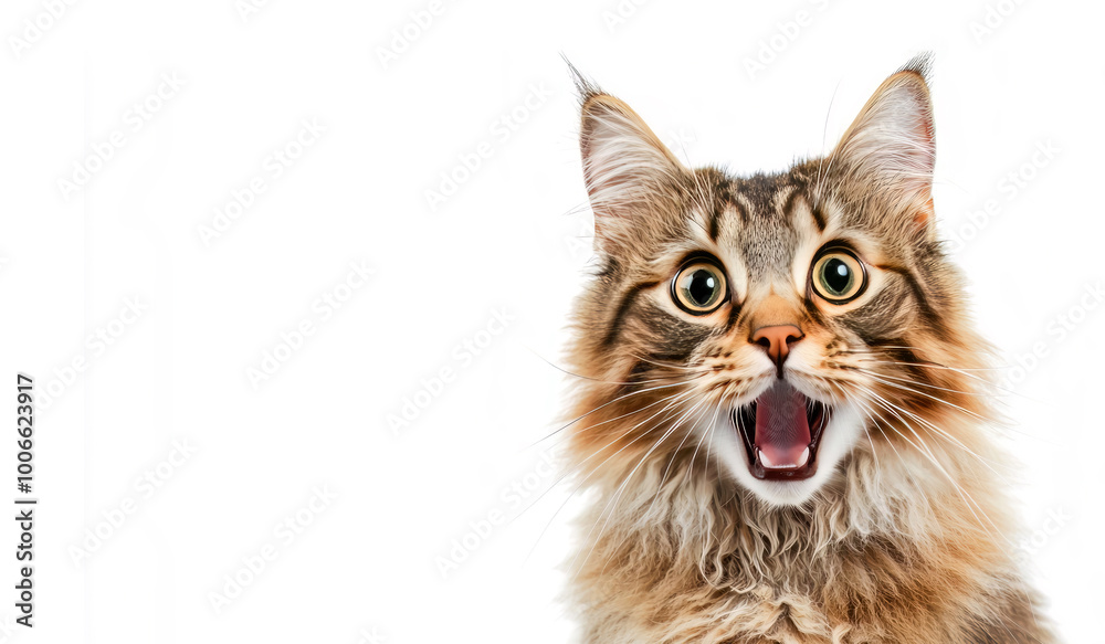 Tabby cat with surprised facial expression, white background Tabby cat with surprised facial expression, white background