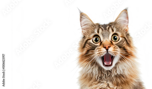 Tabby cat with surprised facial expression, white background