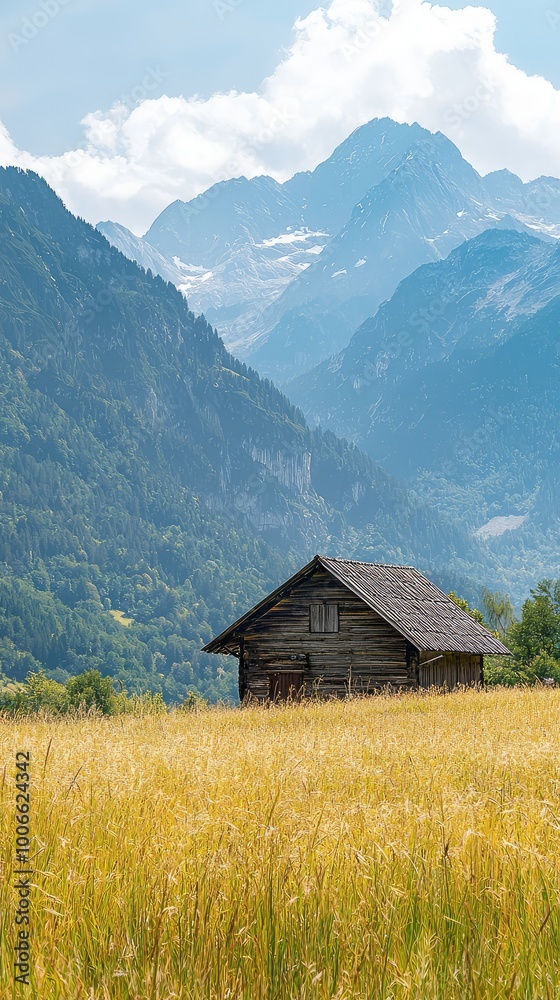 A serene view of a wooden house in a golden field, set against majestic mountains and a clear blue sky. A serene view of a wooden house in a golden field, set against majestic mountains and a clear blue sky.
