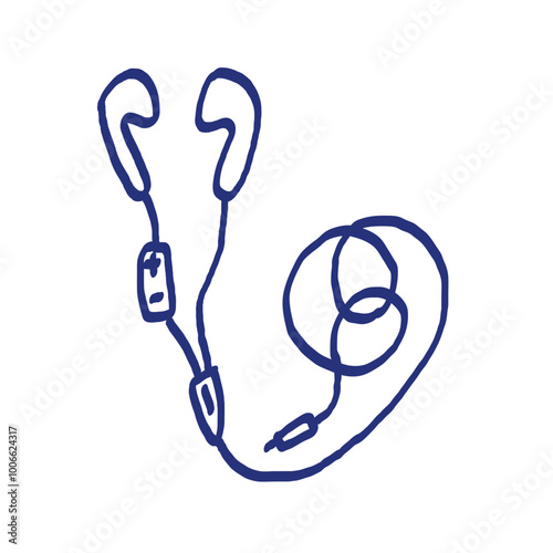 Headphones sketch. Podcast or music item. Illustration for broadcast. Hand drawn vector icon. Blue pen or marker drawing. Primitive kids picture