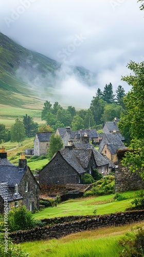 A serene village scene with picturesque houses amidst lush green hills and misty mountains, capturing the tranquility of nature.