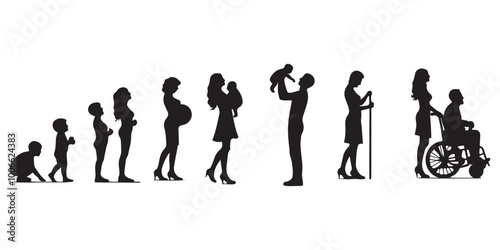 Life cycles of man and woman from a little baby to senior age vector illustration black and white art