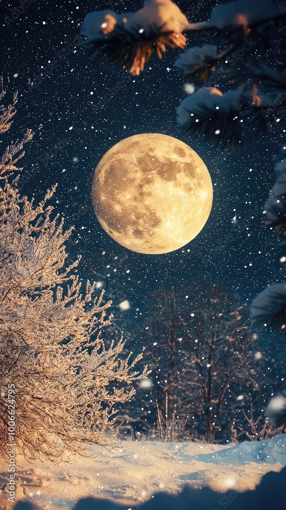 Naklejka premium A serene winter night featuring a bright full moon shining over snow-covered trees, creating a magical ambiance.