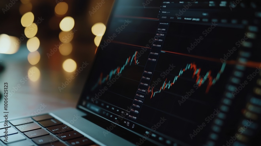 Stock market chart displaying on laptop screen with bokeh lights background Stock market chart displaying on laptop screen with bokeh lights background