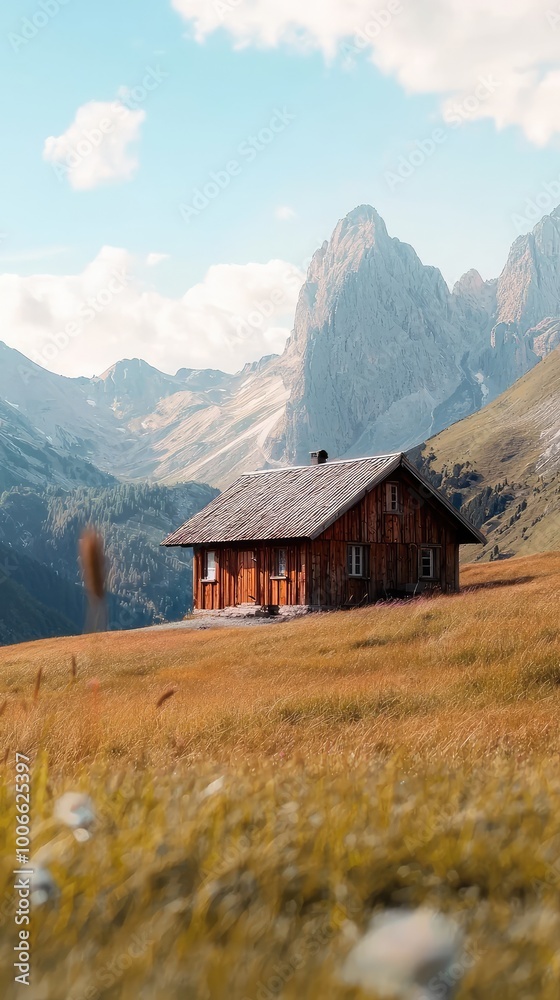 A serene wooden cabin set against a majestic mountain backdrop, surrounded by lush greenery and vibrant wildflowers. A serene wooden cabin set against a majestic mountain backdrop, surrounded by lush greenery and vibrant wildflowers.