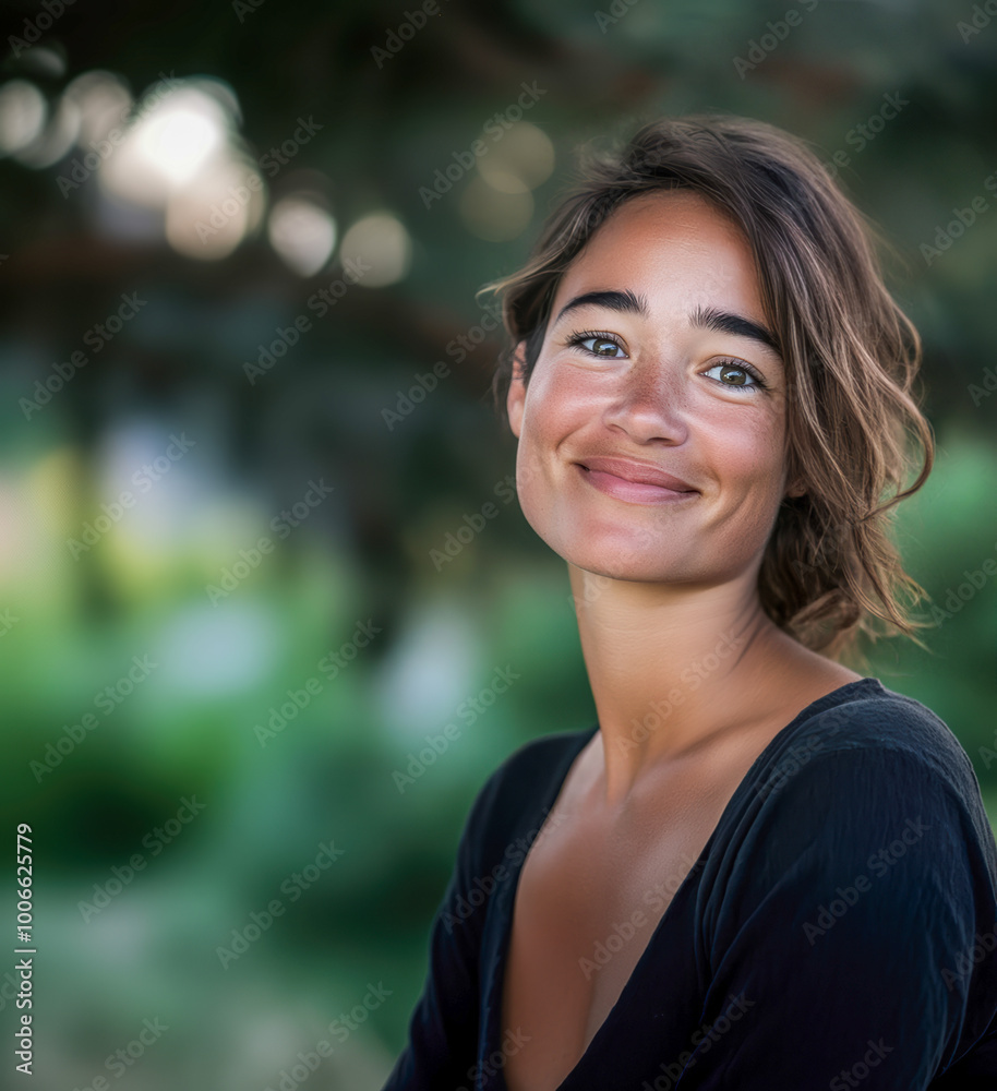 Smiling woman wearing black outdoors on a sunny day. Smiling woman wearing black outdoors on a sunny day.