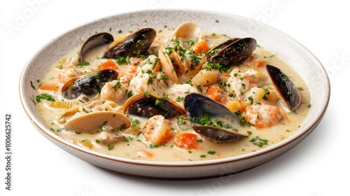 Delicious Chowder Served on a Plate Against White Background