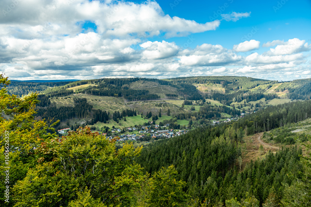 Fototapeta premium Herbstliche Wanderung durch den wunderschönen Thüringer Wald über den Kickelhahn bei Ilmenau - Thüringen - Deutschland