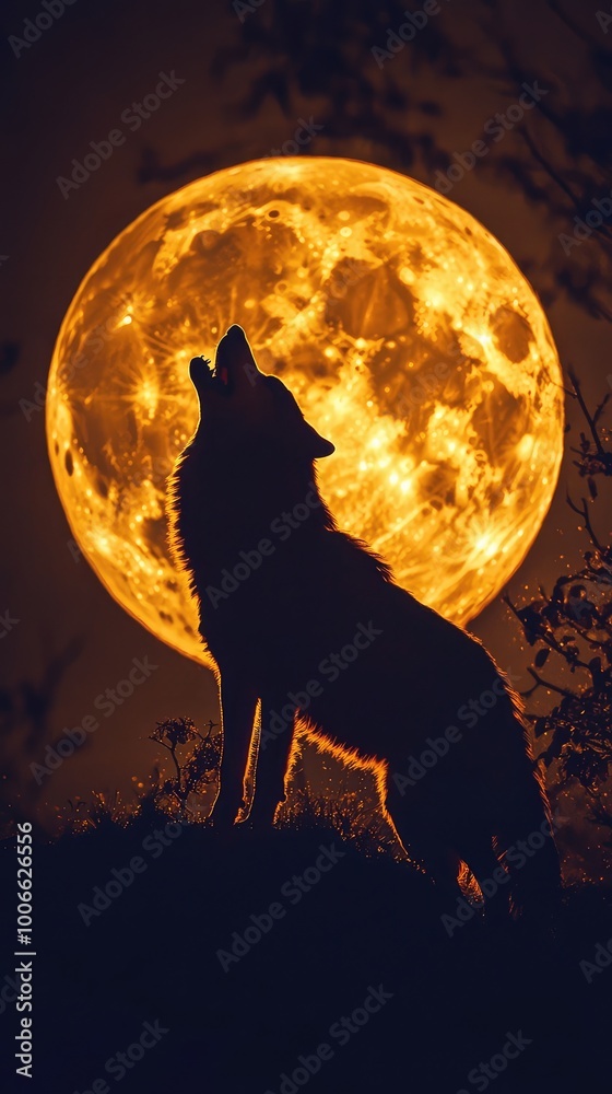 Fototapeta A silhouette of a wolf howling against a vibrant, oversized moon, creating a mystical atmosphere in the night sky.
