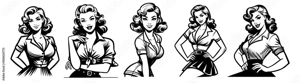 hand-drawn pin-up girl collection in classic retro style, black vector illustration hand-drawn pin-up girl collection in classic retro style, black vector illustration