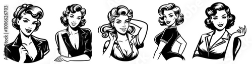 classic black and white pin-up girl portrait set, vintage style, vector artwork