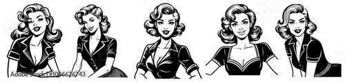 artistic portraits of pin-up girls in retro style, black vector artwork