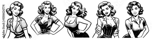 collection of pin-up girl portraits in classic black and white, vector design