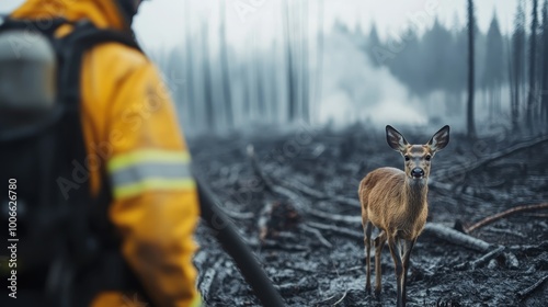 In a devastated forest, a firefighter encounters a cautious deer amid the ashes, illustrating resilience and hope in the face of environmental challenges. photo