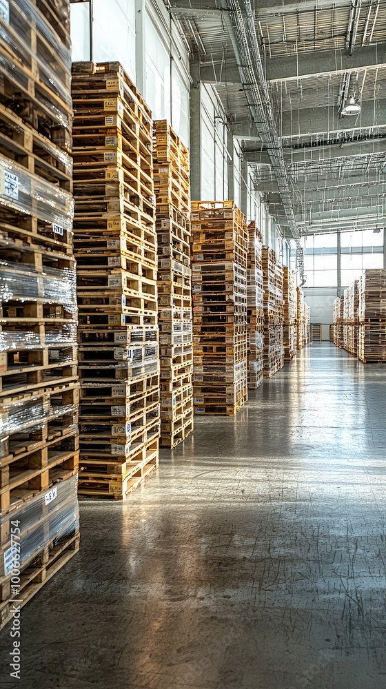 A spacious warehouse featuring neatly stacked wooden pallets, showcasing organization and efficient storage solutions for products.