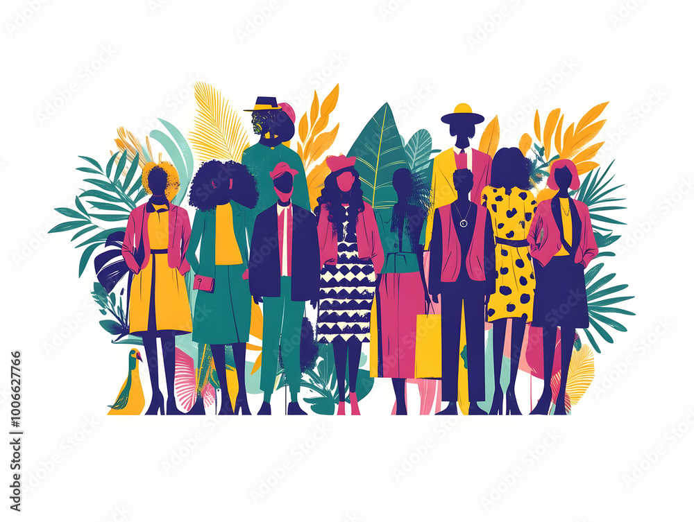 Obraz premium Flat Vector Illustration of a Circular Fashion Event: Corporate Leaders Engage with Local Designers, Upcycling Demonstrations, and Community Exchange for Sustainable Growth