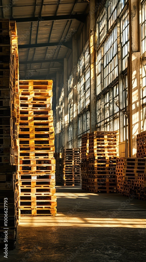 A spacious warehouse featuring stacks of wooden pallets illuminated by natural light through large windows. A spacious warehouse featuring stacks of wooden pallets illuminated by natural light through large windows.