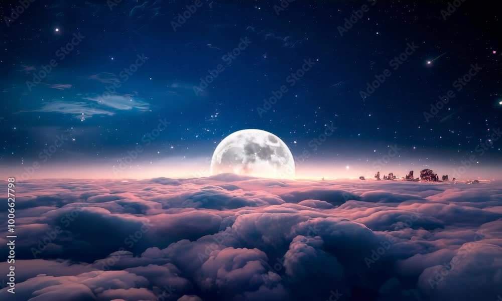 A full moon rises above a sea of clouds, illuminating a distant city skyline with its ethereal glow. A full moon rises above a sea of clouds, illuminating a distant city skyline with its ethereal glow.