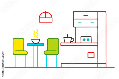 Stylish Break Room Vector Illustration Showcasing a Coffee Machine and Comfortable Casual Seating for Employees to Unwind
