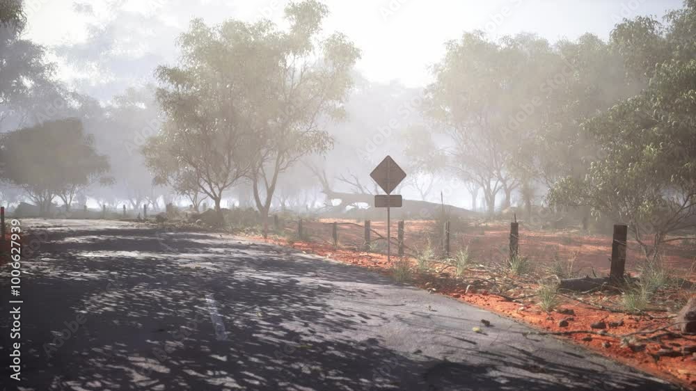 A tranquil rural road with a misty backdrop creates a serene atmosphere. The area is lined with trees and scattered vegetation, reflecting early morning light. A tranquil rural road with a misty backdrop creates a serene atmosphere. The area is lined with trees and scattered vegetation, reflecting early morning light.