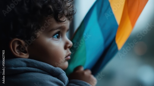 A child clutches a colorful flag while peering thoughtfully out a window, suggesting themes of hope, future possibilities, and a colorful world beyond. photo