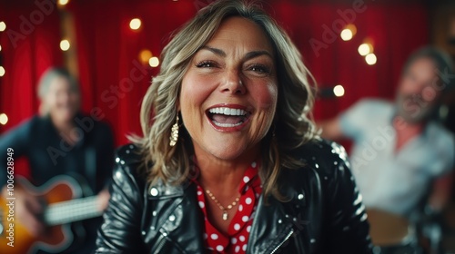 A cheerful woman in a black leather jacket, laughing in front of festive lights, creating a warm and joyful ambiance alongside band members in the background.