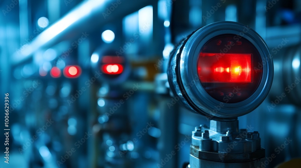 Detailed close-up of industrial machinery featuring glowing red indicators, demonstrating cutting-edge technology in operation. Detailed close-up of industrial machinery featuring glowing red indicators, demonstrating cutting-edge technology in operation.