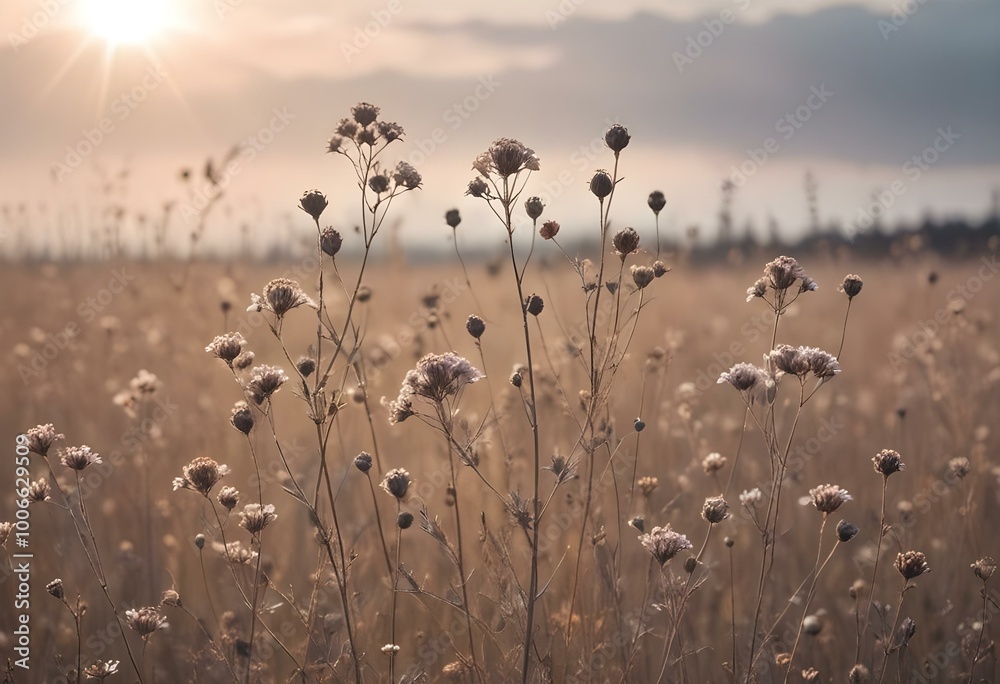 Obraz premium Dried brown wildflowers or weeds in a field against a hazy, pastel-colored sky