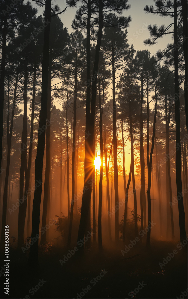 Sunset in the forest: sun rays breaking through the tree trunks during sunset. Sunset in the forest: sun rays breaking through the tree trunks during sunset.