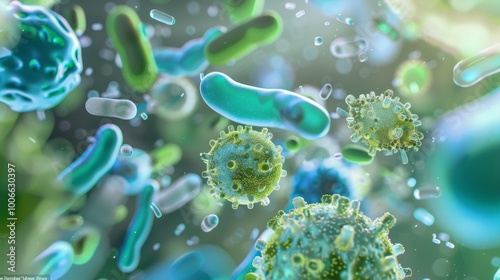spherical and rod-shaped bacteria floating in a clear fluid