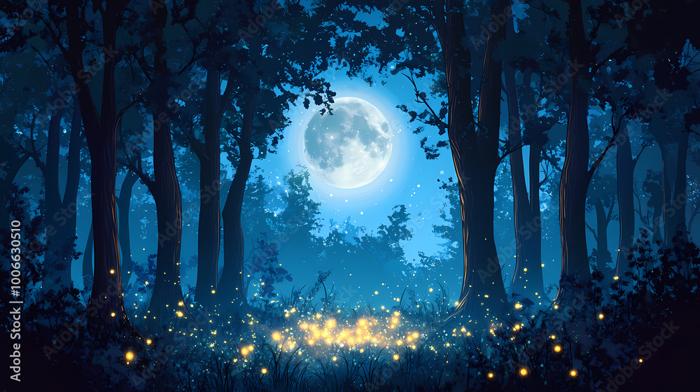Obraz premium A scene of a moonlit forest with fireflies adding a touch of magical light among the trees. Moonlit Forest. Illustration