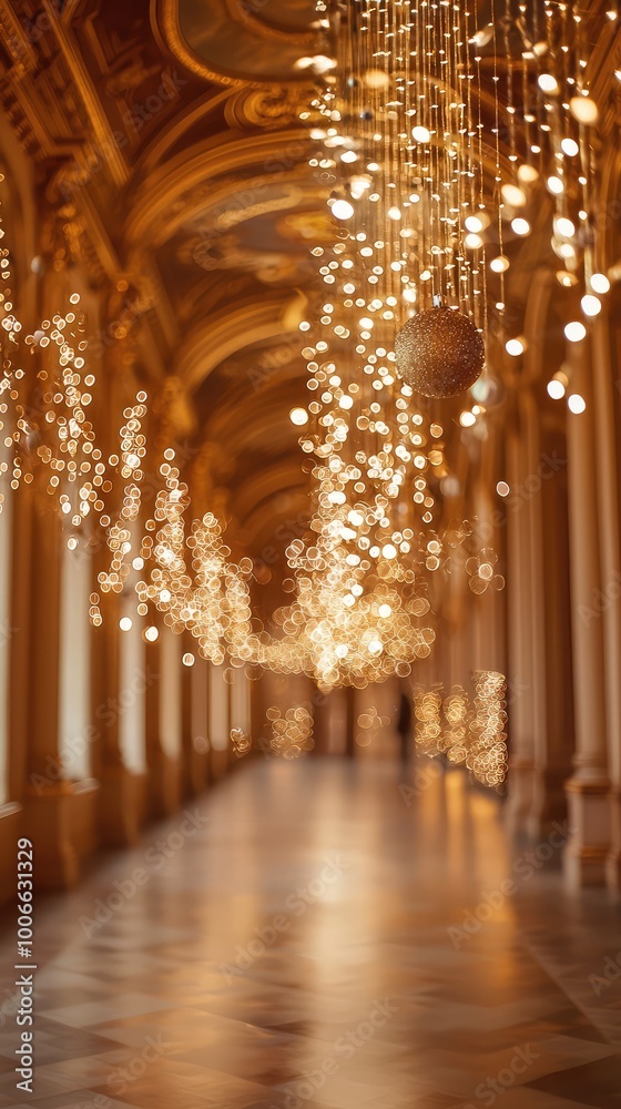Obraz premium A stunning corridor adorned with shimmering lights, offering a blend of elegance and warmth in a grand architectural setting.