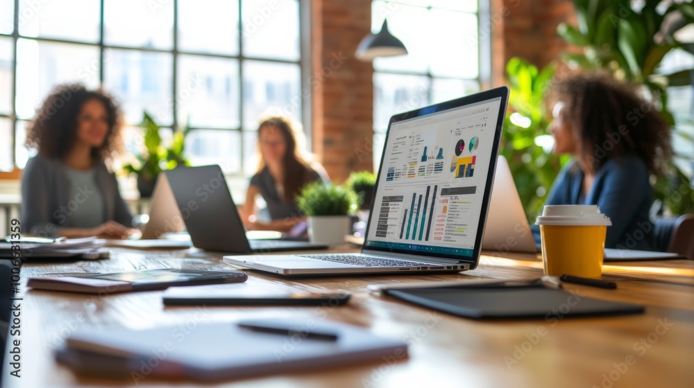 Modern Office Setting with Laptops and Charts Modern Office Setting with Laptops and Charts