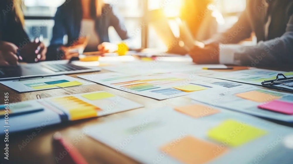 Fototapeta premium Collaborative Workspace with Colorful Sticky Notes and Reports