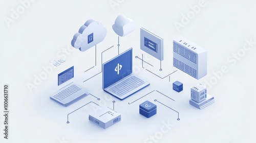 Isometric representation of a tech network environment with interconnected devices in blue, highlighting cloud computing. photo