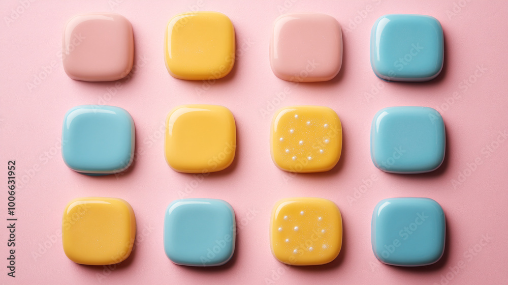 Colorful square ceramic tiles arranged in grid pattern on pink background, showcasing pastel shades of yellow, blue, and pink. playful design adds cheerful touch to any space