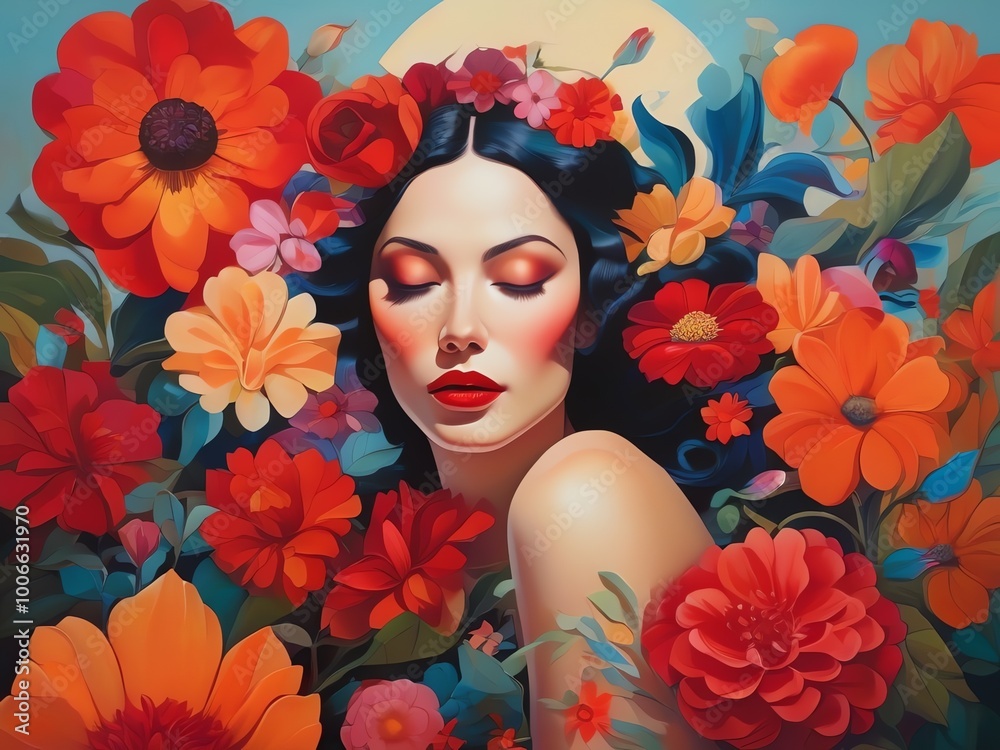 An illustration of a woman surrounded by large vibrant flowers An illustration of a woman surrounded by large vibrant flowers