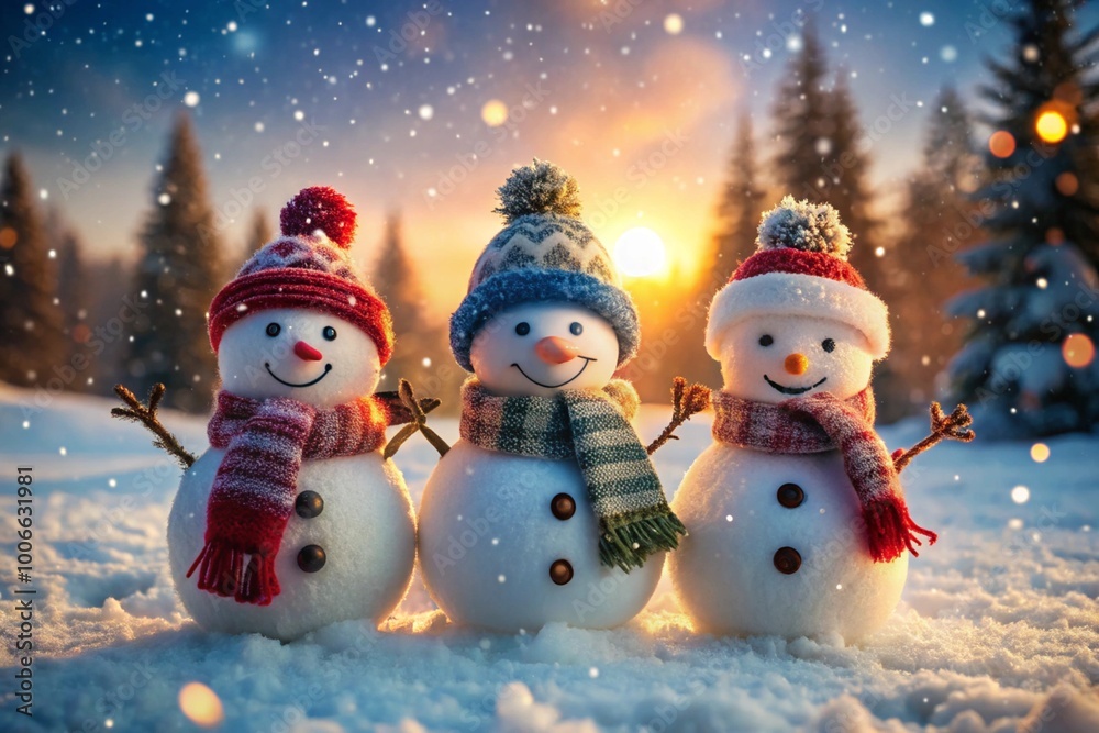 Winter. Happy New Year and Merry Christmas. Funny snowmen on a blurred background made of a beautiful side of colored lights. New Year's festive atmosphere. Winter. Happy New Year and Merry Christmas. Funny snowmen on a blurred background made of a beautiful side of colored lights. New Year's festive atmosphere.