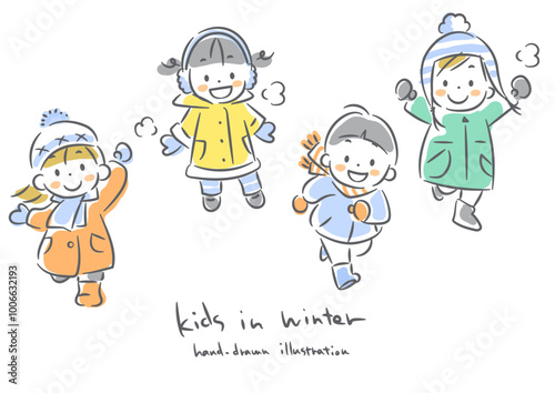 楽しく遊ぶ冬の子供たち　やわらかくてカワイイ手描きイラスト