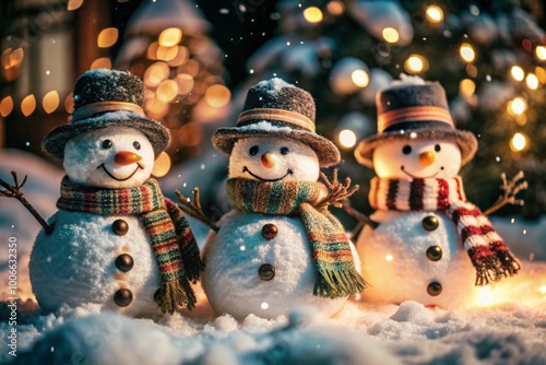 Winter. Happy New Year and Merry Christmas. Funny snowmen on a blurred background made of a beautiful side of colored lights. New Year's festive atmosphere. photo