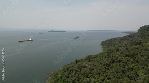 Ship leaving the Port of Paranaguá towards the Atlantic Ocean through the Bay of Paranaguá and Galheta Channel.