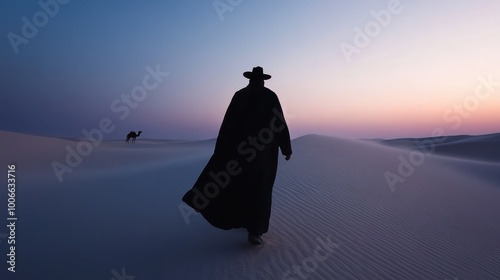 A lone cowboy walks across the barren desert, casting a long silhouette with a camel trailing behind, set against a fading twilight sky with a sense of adventure and solitude. photo