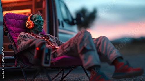 A green-skinned alien wearing headphones relaxes on a purple chair outside a van, enjoying the sunset, blending extraterrestrial vibes with human leisure and imagination. photo