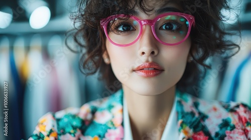 An elegant woman with pink glasses sets a fashion statement among a bouquet of vivid flowers, blending contemporary style and a passion for nature’s colors. photo