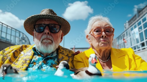 A senior couple, clad in vibrant yellow attire and stylish sunglasses, enjoys a sunny day floating peacefully in a swimming pool with colorful toy ducks nearby. photo