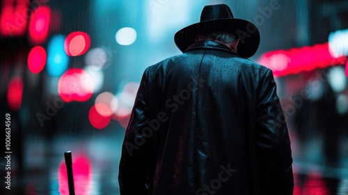 A mysterious figure clad in a dark trench coat and hat strides through a rain-soaked, neon-lit street at night, symbolizing solitude and mystery in an urban setting. photo